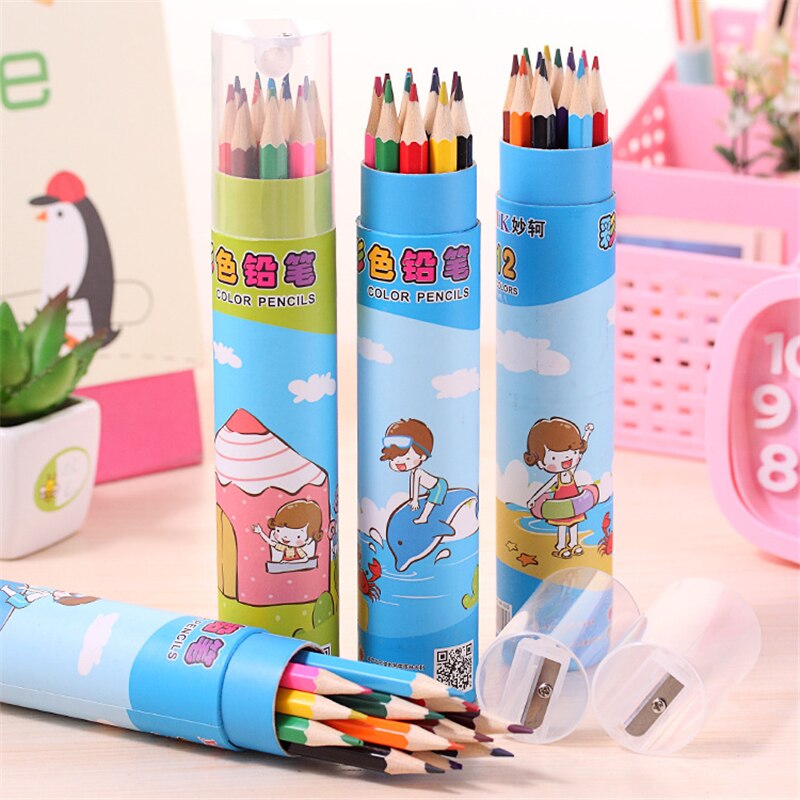 Dl koreaanse versie van mooie kleurpotloodtube studenten cartoon schilderen hout kleur lood lang 12 leerstationery