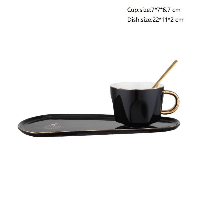 Gold Rand Kaffee Tasse Untertasse Löffel einstellen Keramik Frühstück Milch Tassen Tee Soja Milch Frühstück Becher nordisch Nachtisch Platte Luxus: B-Schwarz
