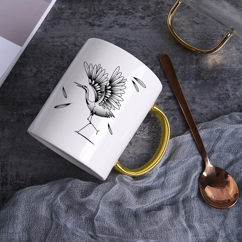 Creatieve Chinese Crane Mok Goud Handvat Keramische Koffie Mokken Thee Melk Bier Mok Water Cup Drinkware Cup KTDW-026