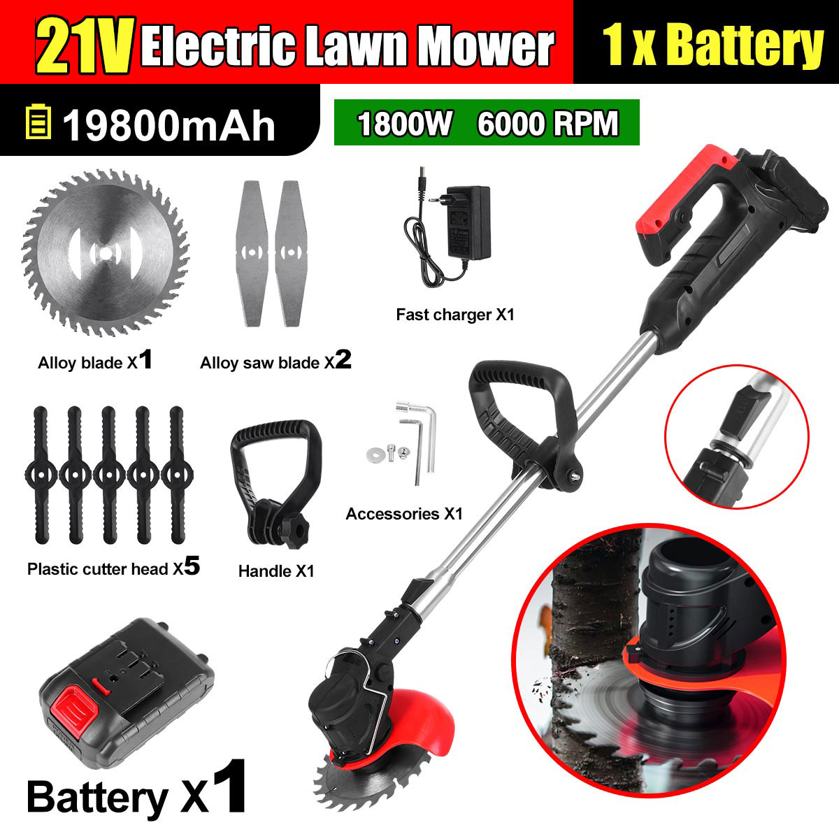 12V 1800W Batterij Trimmer Voor Gras Greenworks Gazon Bosmaaier Tuin Gereedschap Multi-Functioncordless Maaiers Huishouden Oplaadbare: 21V With1 Battery U / EU