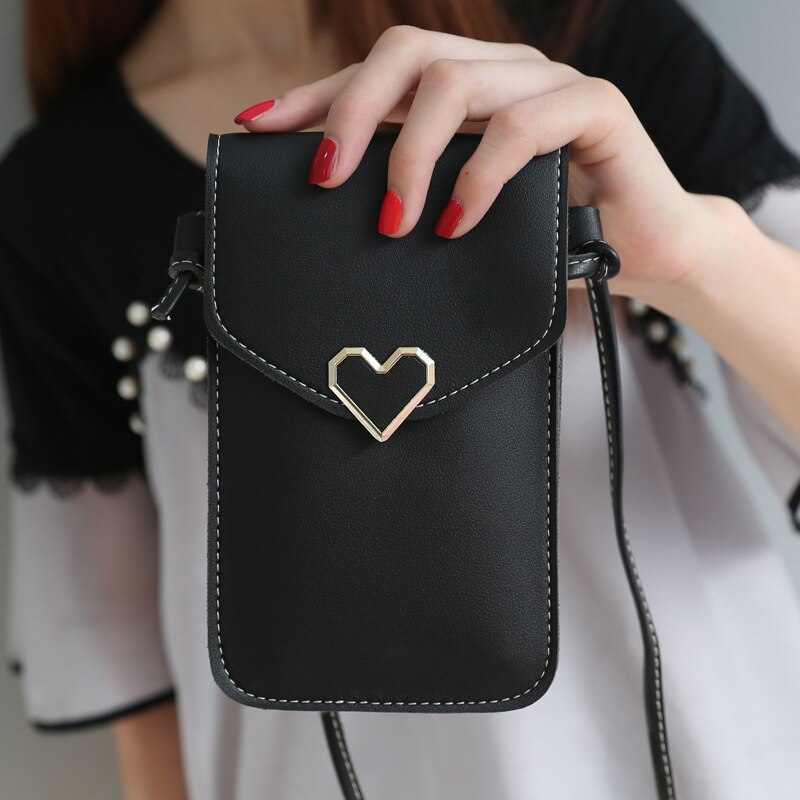 Women Heart-shaped Lady Handbag and Purses Small Phone Bag Mini Messenger Bags Transparent Screen Mobile Phone Bag