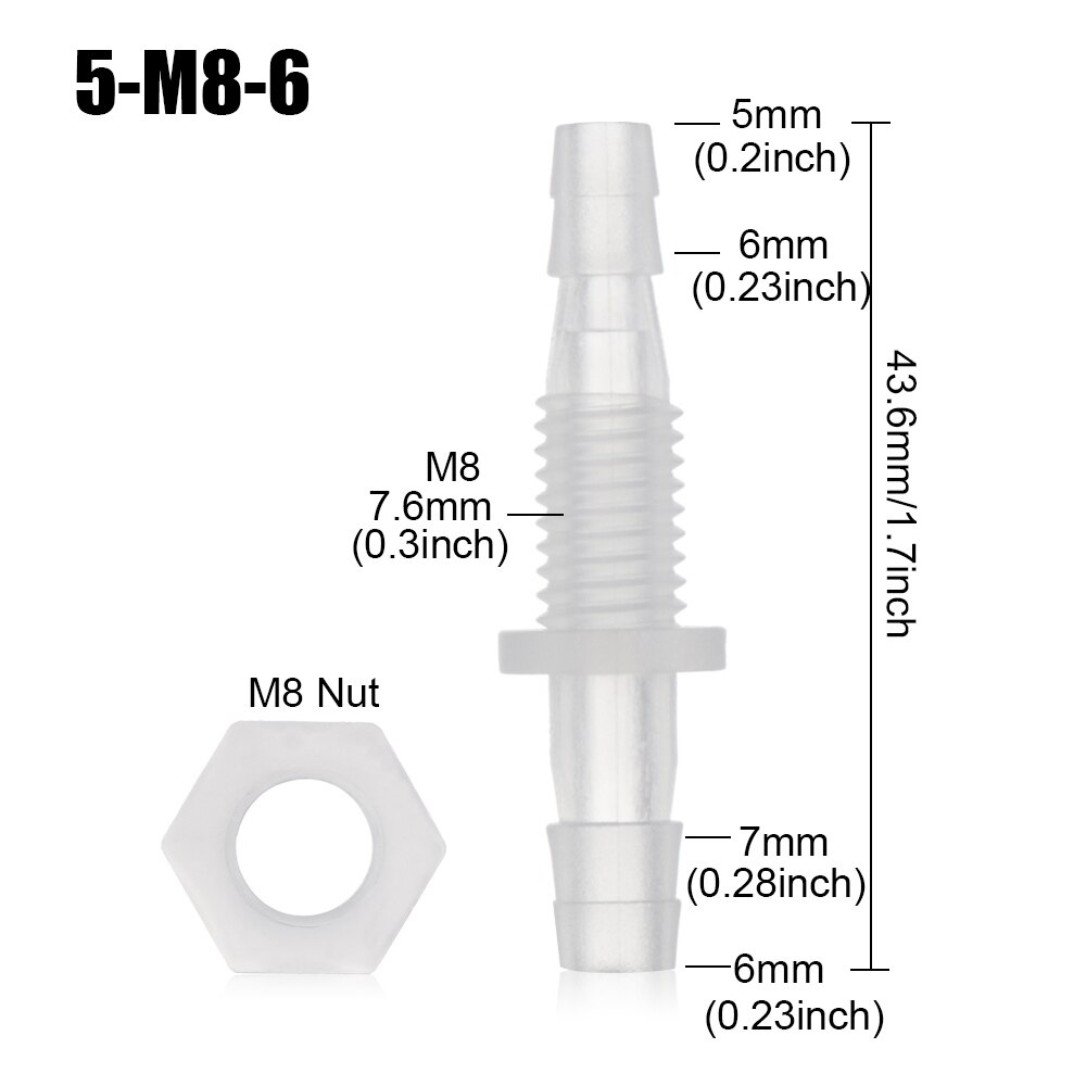 5pcs M6~M10 Thread Hex Nut PP Straight Garden Water Connectors Aquarium Fish Tank Adapter Air Pump Hose Fittings Pagoda Joints: 5-M8-6
