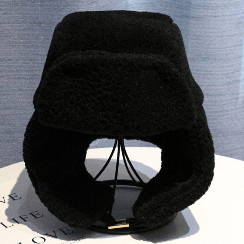 HT3436 Women Winter Hat Thick Warm Berber Fleece Russian Hat Ladies Black Pink Russian Trapper Ski Earflap Cap Female Bomber Hat: Black