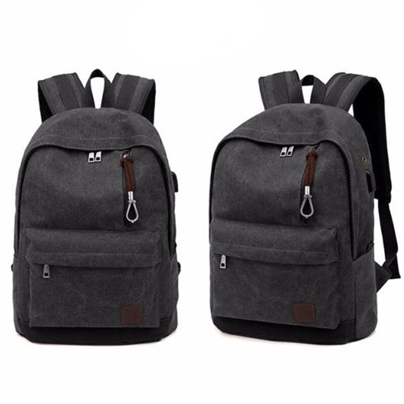 Boshikang Herren Rucksack Reine Baumwolle Leinwand USB Ladung Hochschule Schüler Schule Taschen Laptop Reise Rucksack Für Teenager: Schwarz-USB