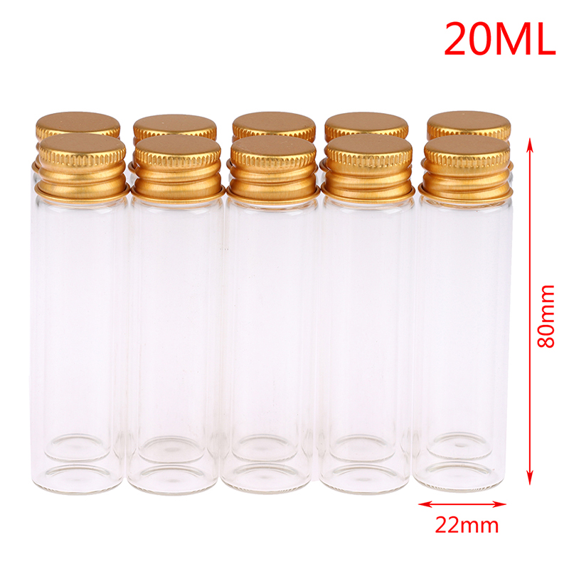 10 stk 5ml/7ml/10ml/14ml/18ml/20ml glassflasker med aluminiumslokk små miniglass 6 størrelser u-plukke: F