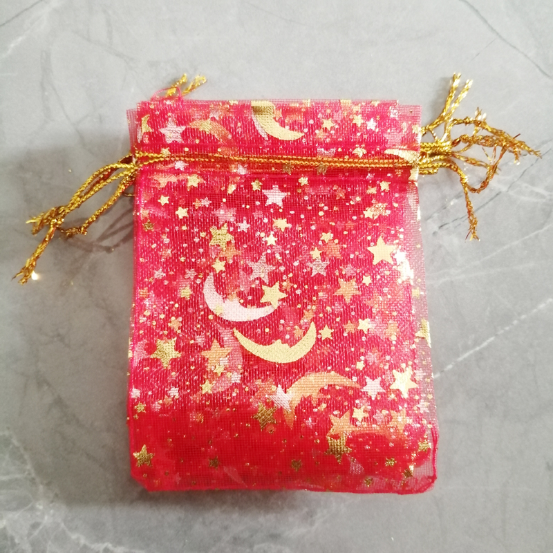 500 sztuk Star Moon Organza torby na prezenty woreczek na etui na biżuterię Mini saszetka sznurek do przechowywania opakowanie biżuterii na torebki torby ekspozycyjne: 7x9cm / Czerwony