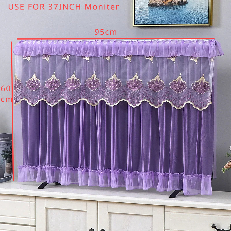 32/37/42INCH Lace Fabric Door Curtain TV Circle Can Be Flipped Dust Cover Monitor Screen Home Decorations Dust Cover: plum