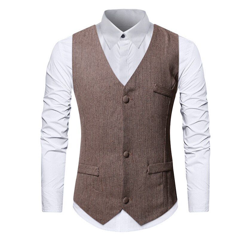 Men's Wool Herringbone Tweed Vest Brand Slim Fit Sleeveless Vest Waistcoat Men Formal Business Wedding Chaleco Hombre