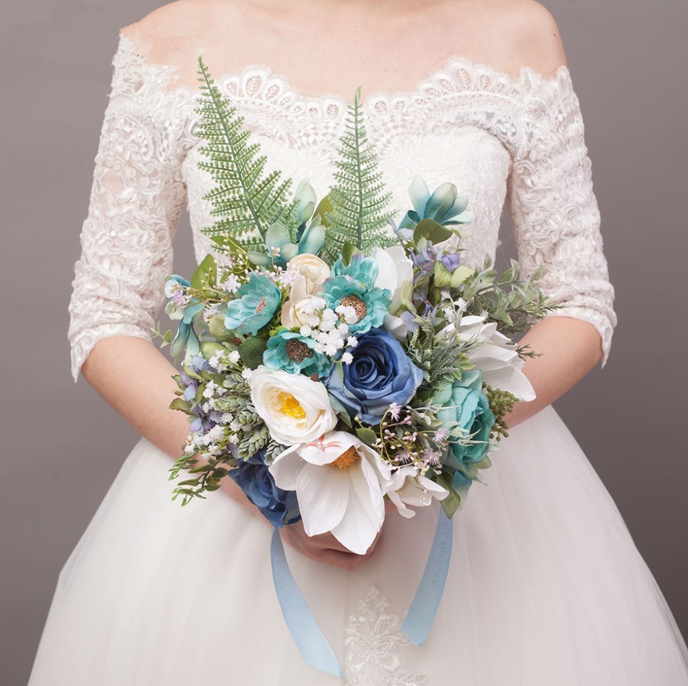 JaneVini Elegante Land Stijl Blauw Bruids Zijde Rozen Bruidsboeketten Ramos Flores Kunstbloemen Buket voor Bruiloft