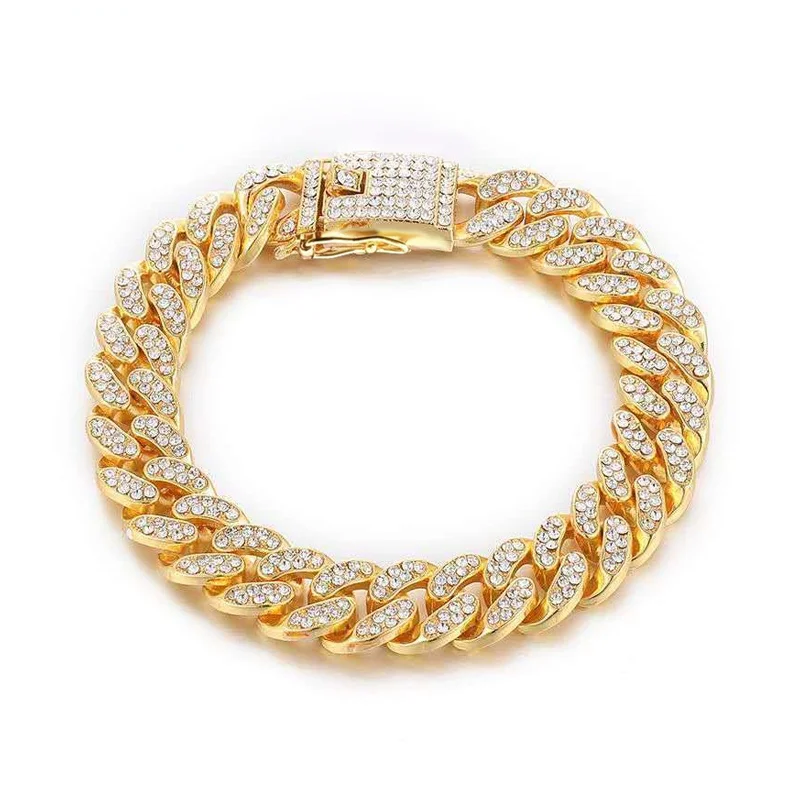 Strass Hond Ketting Kraag Metaal Sterk Goud Cubaanse Link Hond Ketting Luxe Diamant Puppy Kat Kraag Hond Sieraden Accessoires: S / Goud