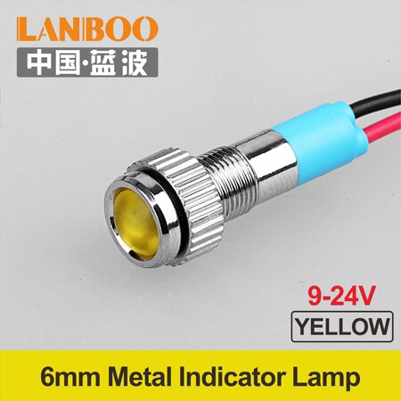 12V 24V 220V with wire red green blue yellow white indicator lamp single lights manufacture for 6mm LED indicator light: 6mm-YELLOW-(9-24V)