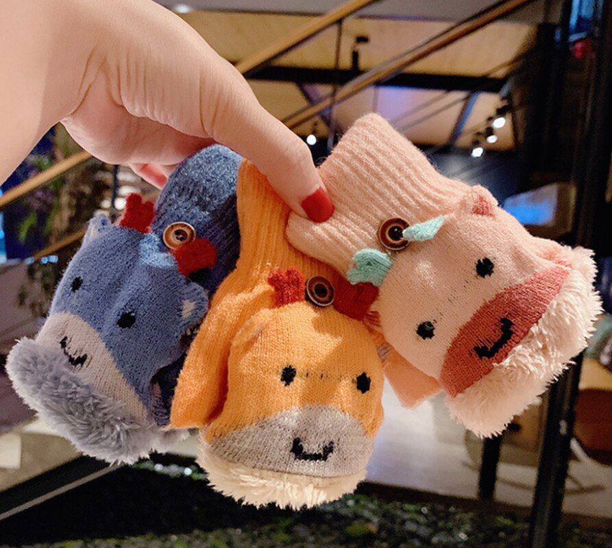 Childrens Winter Half-Vinger Handschoenen Leuke Cartoon Verdikte Plus Fluwelen Warmte Student Clamshell Gebreide Handschoenen