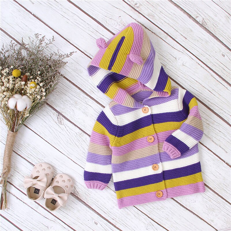 Infant Baby Boys Girls Fall Winter Sweater Cardigan Coat Toddler Colorful Striped Knitted Buttons Hooded Outerwear 0-24M