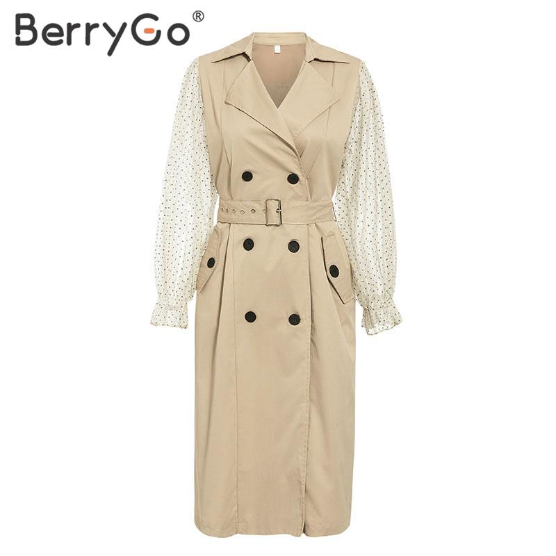 BerryGo chic polka dot women coat Patchwork transparent puff sleeve female overcoats Button pocket lady long trenches