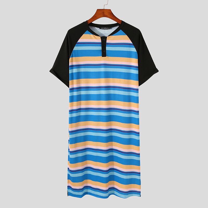 Men Robes Striped Patchwork O Neck Short Sleeve Leisure Bathrobe Homewear Nightgown Loose Cozy Men Loungewear S-5XL INCERUN: 4XL