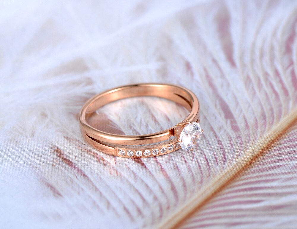 JeeMango Sparkling Titanium Stainless Steel Wedding Ring Jewelry Rose Gold Mosaic CZ Crystal Party Ring For Women JR19155