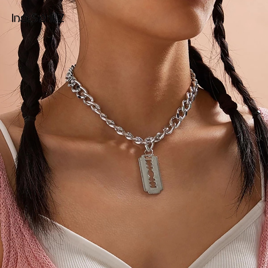 IngeSight.Z Punk Hip Hop Rasierklingen Geformt Anhänger Halskette Männer Silber Farbe Miami Curb Kubanischen Dicken Choker Halsketten Schmuck