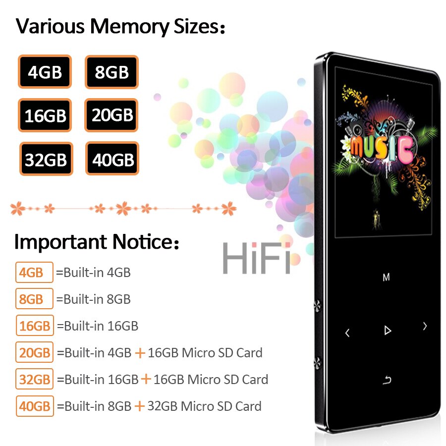 ICEICE MP3 Player with Bluetooth Touch Keys Built-in Speaker 8GB 16GB 32GB 40GB HiFi Portable Walkman Radio FM Recording MP 3