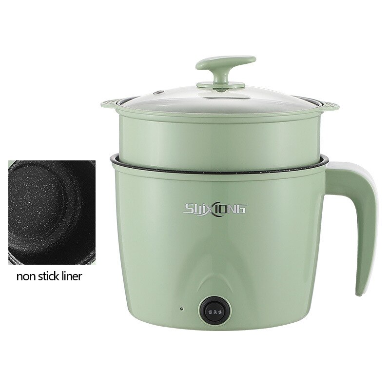 Electric Cooker 1.8L Electric Multicooker 220V Household Pot for 1-2 People Rice Cooker Single/Double Layer Non-stick Pan: Green with Steamer / EU