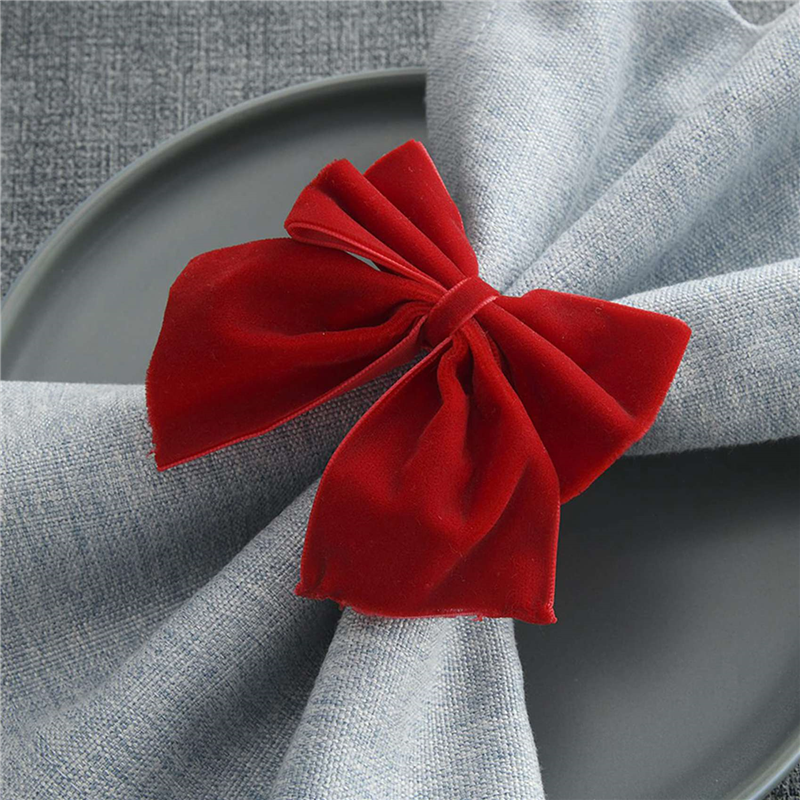 ABUN-16 Red Bow Napkin Holder Rings, Velvet Bow Xmas Napkin Holder Buckle Table Decoration For Christmas Party Dinner
