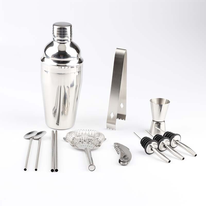 Stainless steel cocktail set wooden base cocktail set 12 pieces various size