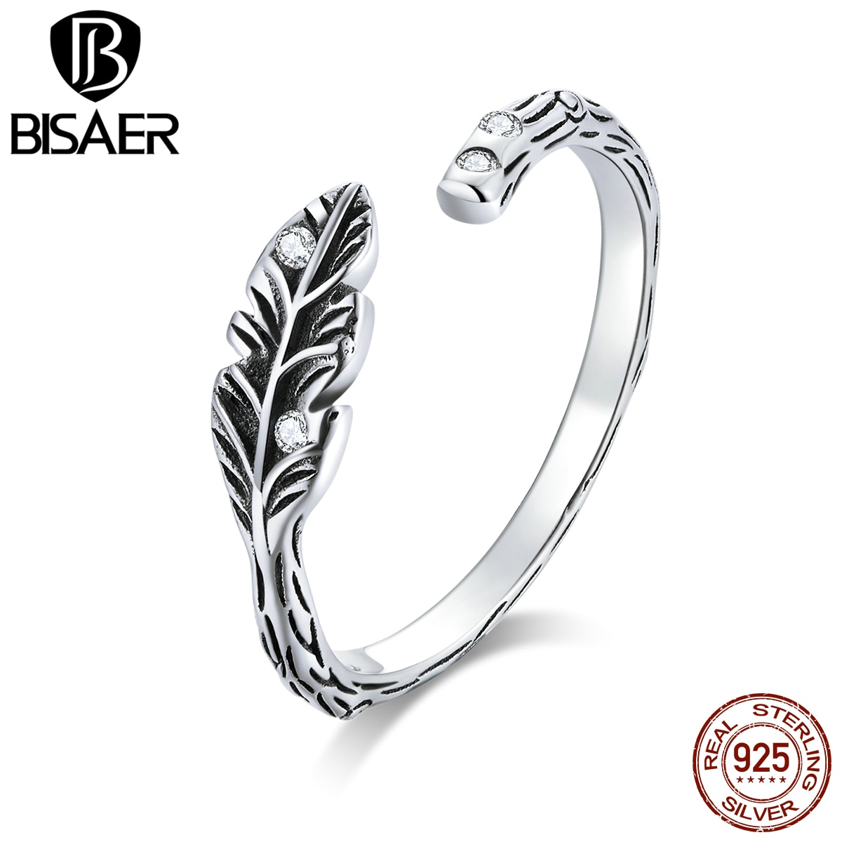 Leaves Finger Rings BISAER 925 Sterling Silver Tree of Life Openwork Women Rings Sterling Silver Jewelry ECR639