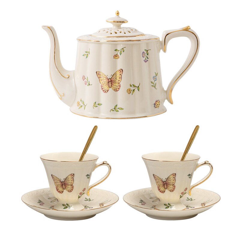 Butterfly Insect Pattern Coffee Set Europe Porcelain Tea Set 800ml Bone China Pot Ceramic Cup and Saucer Retro Luxury
