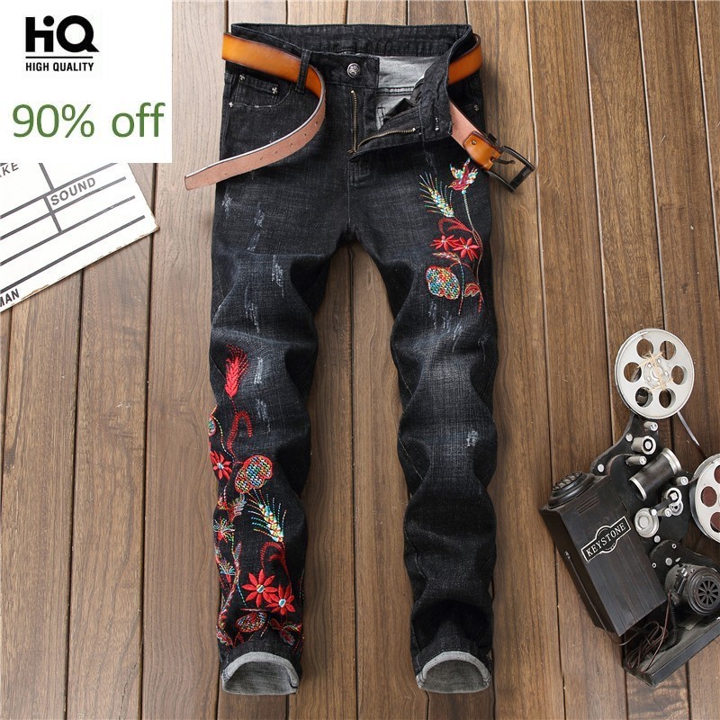 nouvelle noir broderie fleur maigre jean hommes Vintage déchiré fermeture éclair mendiant pantalon classique Denim Biker pantalon