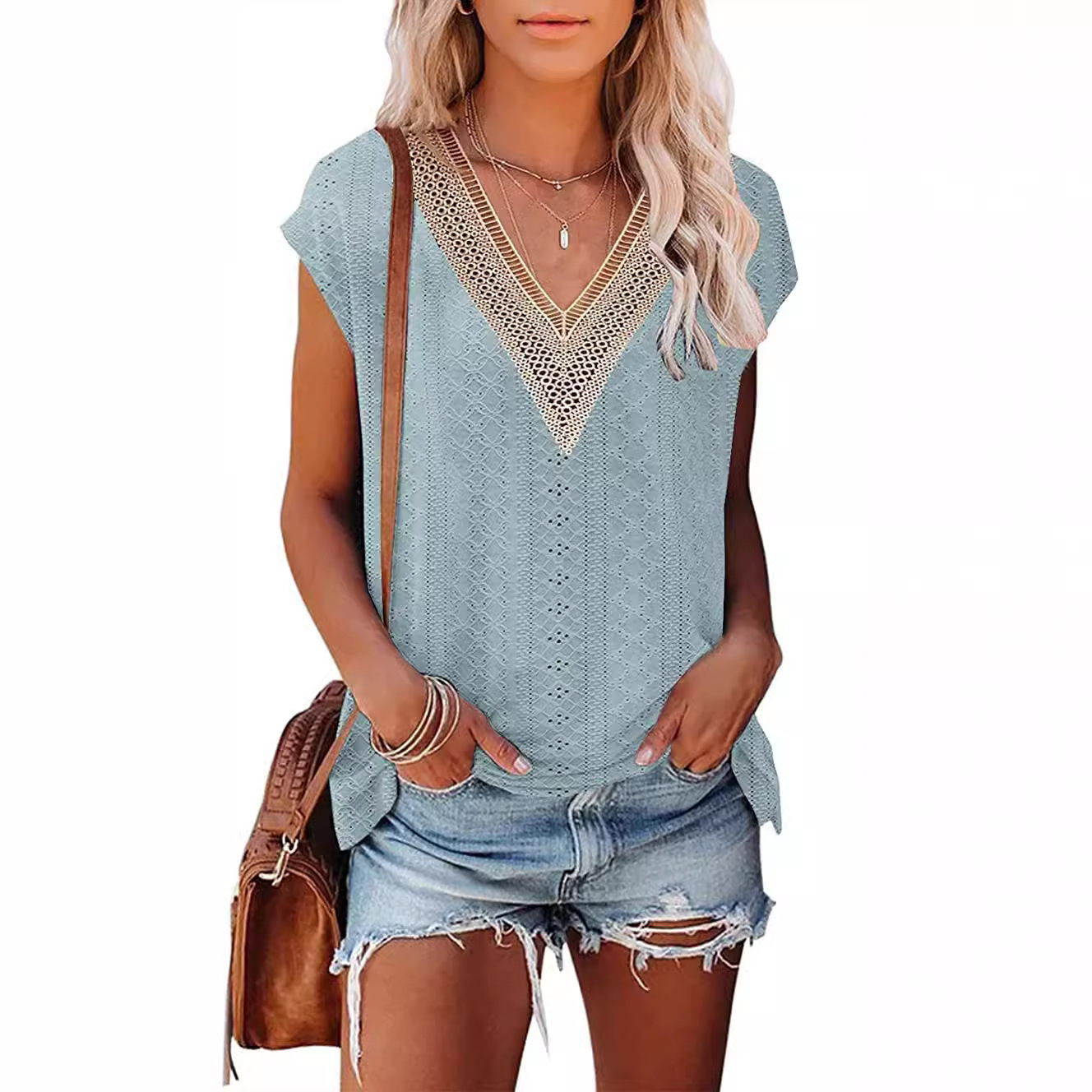 Yjkdyk dame sommertop kontrast t-shirt udhulet v-hals patchwork blonde t-shirt afslappet løs blød top kvinder