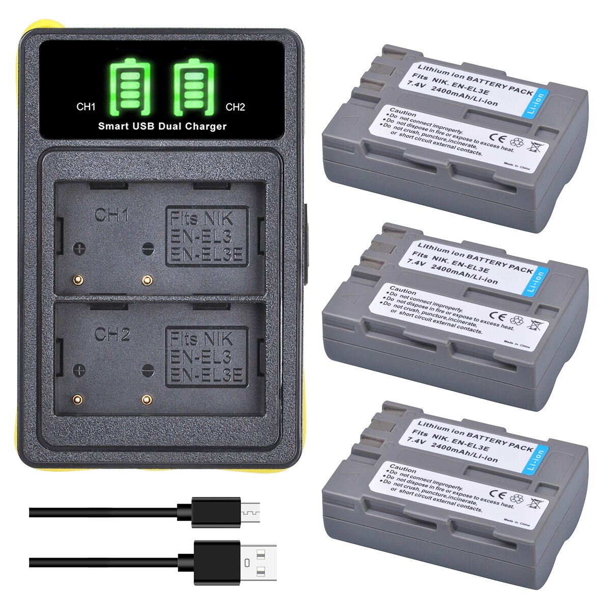 Batteries et chargeur pour Nikon, 2x2400mAh, pour modèles EL3e, EL3E, D30, D50, D70, D70S, D90, D80, D100, D200, D300, D300S: 3Battery and charger