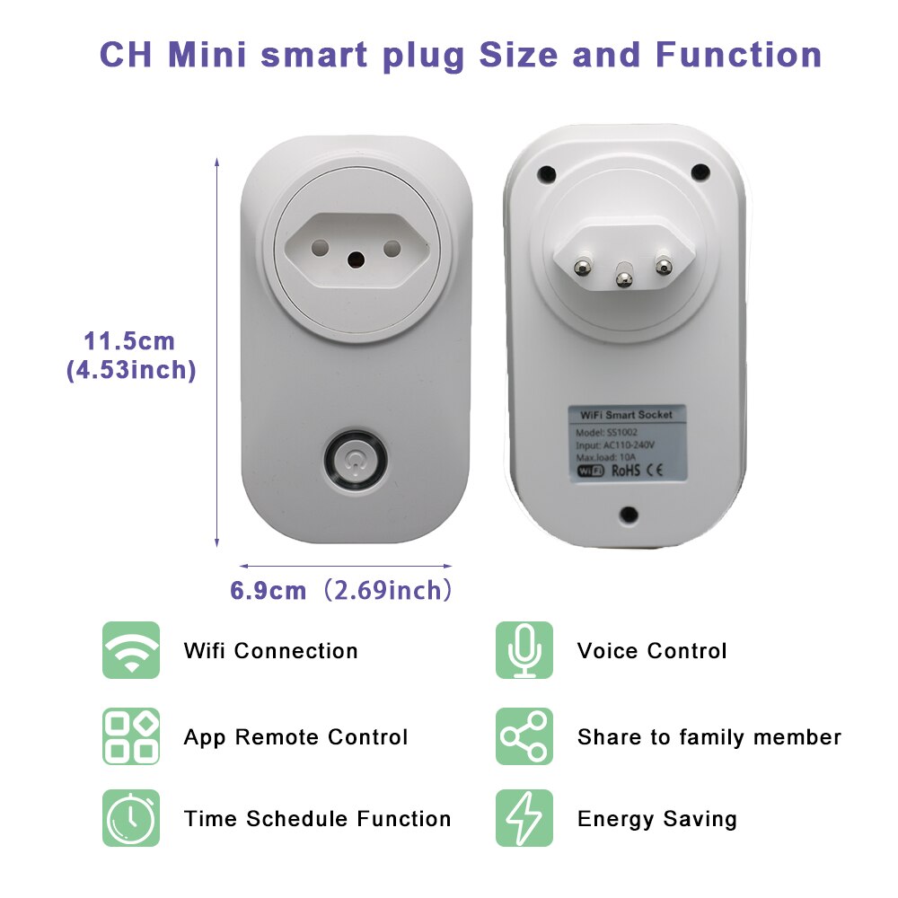 10A CH Smart WiFi Plug Remote Voice Control Power Monitor Socket Outlet Adaptor Timing work with Alexa Google Home Tuya