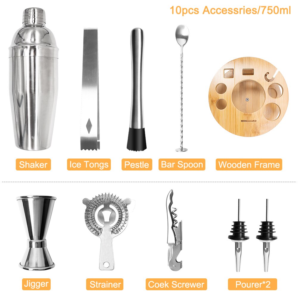 Juego de coctelería de acero inoxidable, mezclador de vino de 750ML con Base giratoria de bambú, herramientas de Bar, accesorios de , 12 Uds.