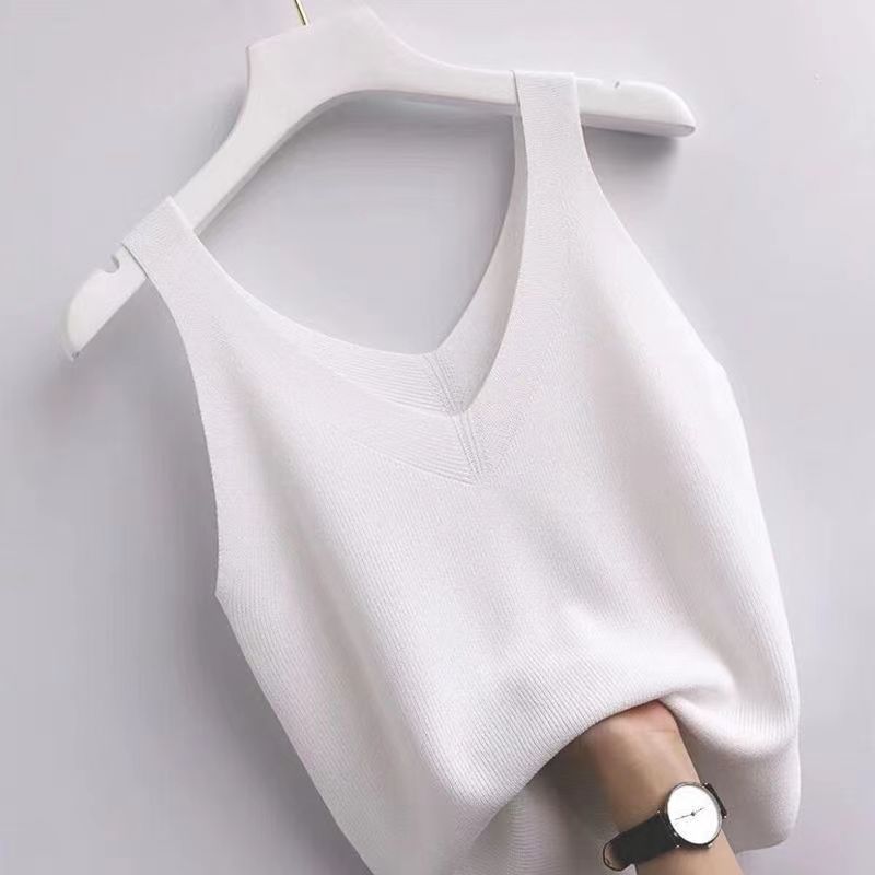 Plus Gebreide Tank Top V-Hals Ijs Zijde Mouwloze 2024 Zomer Kleding Vesten Voor Vrouwen Koreaanse Mode Losse Elegante Casual Cami Top: WHITE