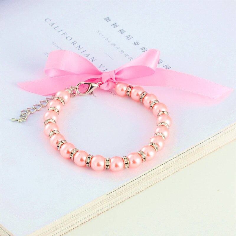Pet Pearl Collar Dog Rhinestone Shiny Princess Necklace Cat Bow Adjustable Pendant Decoration Pet Supplies Chihuahua Accessories: Pink / L