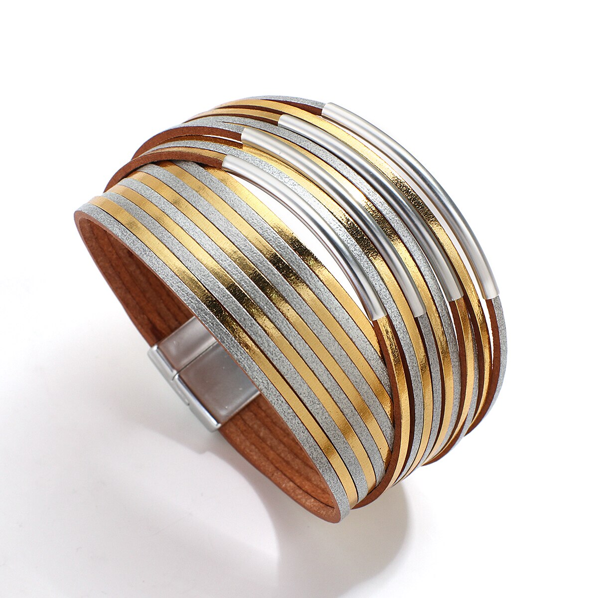 Allyes Eenvoudige Dubbele Kleur Slanke Strip Lederen Armband Voor Vrouwen Mode Metalen Buis Multilayers Wide Wrap Armband Vrouwelijke Sieraden: Gold Silver