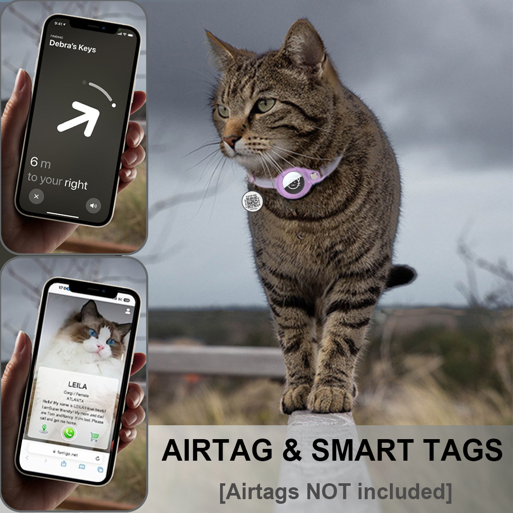 Airtag houder kattenhalsband met QR-tag, kattenaccessoires reflecterende PU lederen kittenhalsbanden, katten-ID-tag, elastische veiligheidsbanden