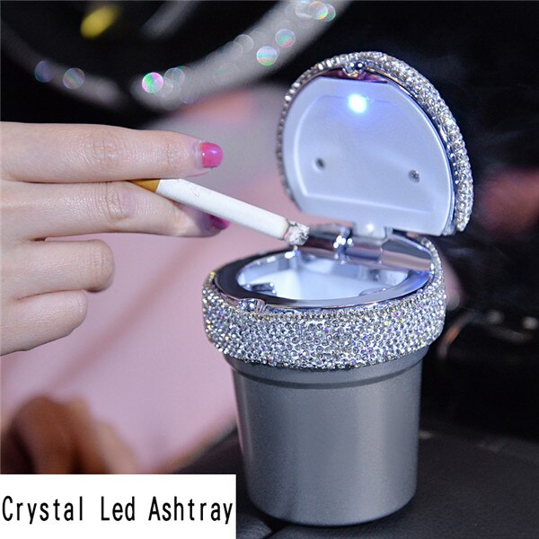 Strass Draagbare Auto Asbak met Led Licht Kristal Diamant Auto Ash Tray Asbak Opslag Bekerhouder voor Meisjes Auto Accessoires: Silver