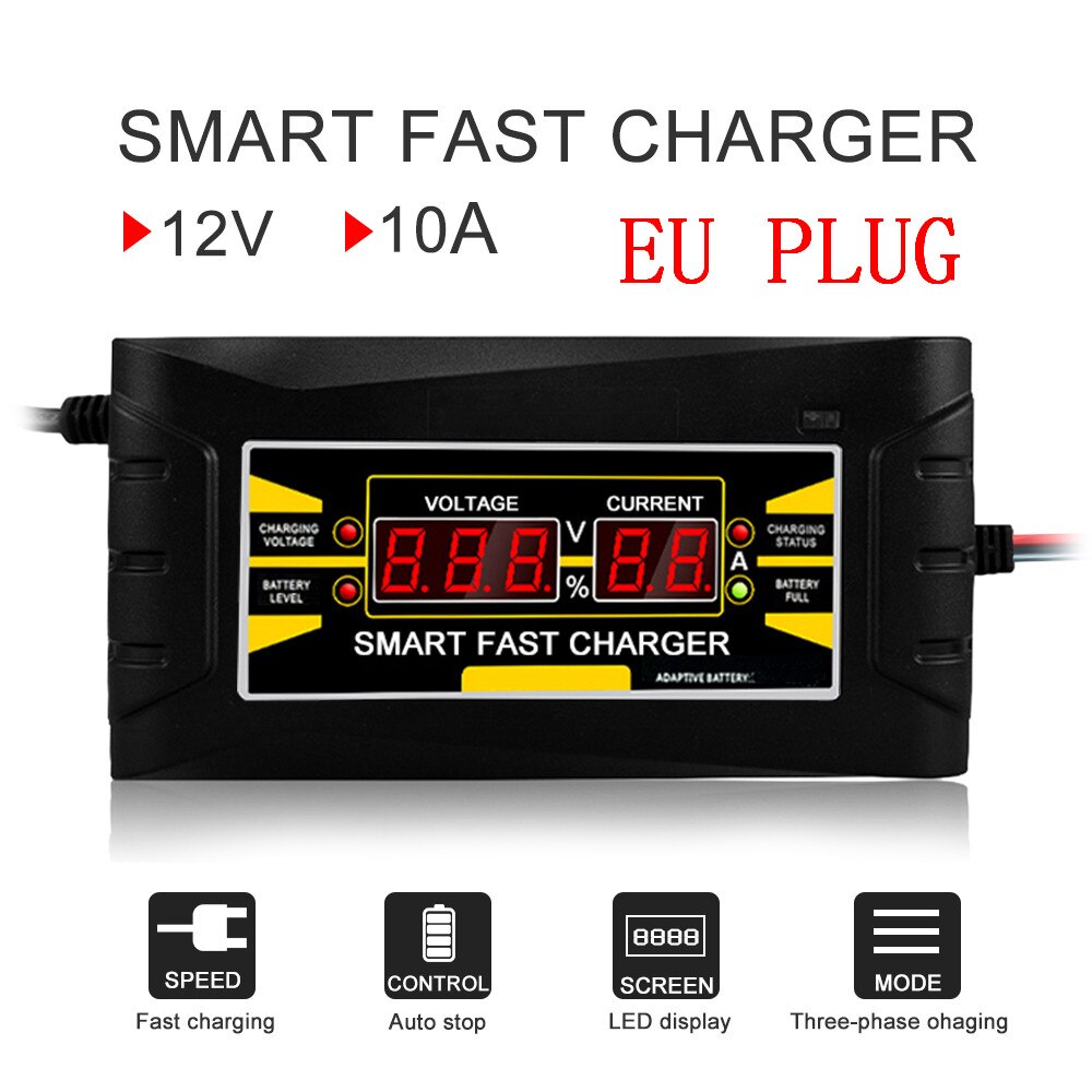 Volledige Automatische Auto Batterij Lader 150V/250V Naar 12V 6A Smart Fast Power Opladen Voor Nat droog Lood-zuur Digitale Lcd Display: 12V 10A EU Plug