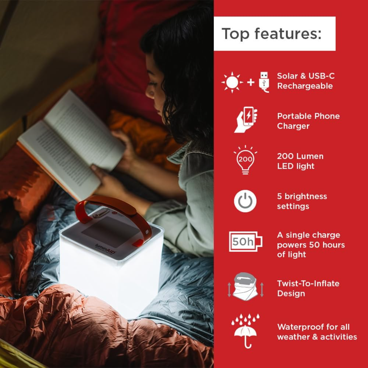 LuminAID 2-in-1 Solar Camping Lantern and Phone Charger - Inflatable LED Lamp for Camping, Hiking and Travel - Emergency Light f