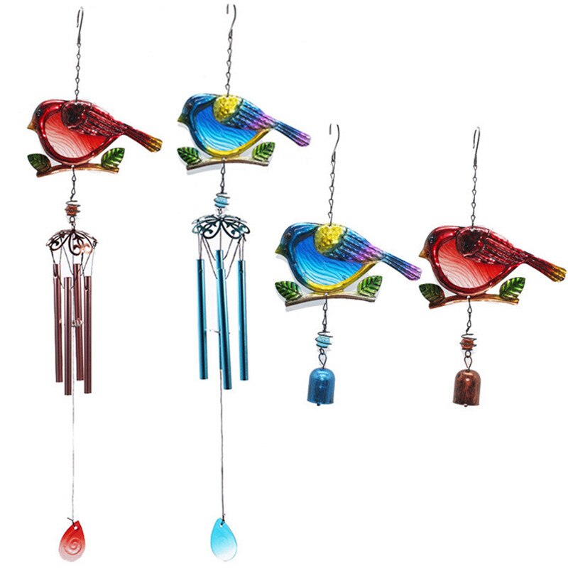 1PC Small Bird Garden Wind Chimes Portable Metal Glass Blue Red Pendants Suitable For Home Balcony Decorations