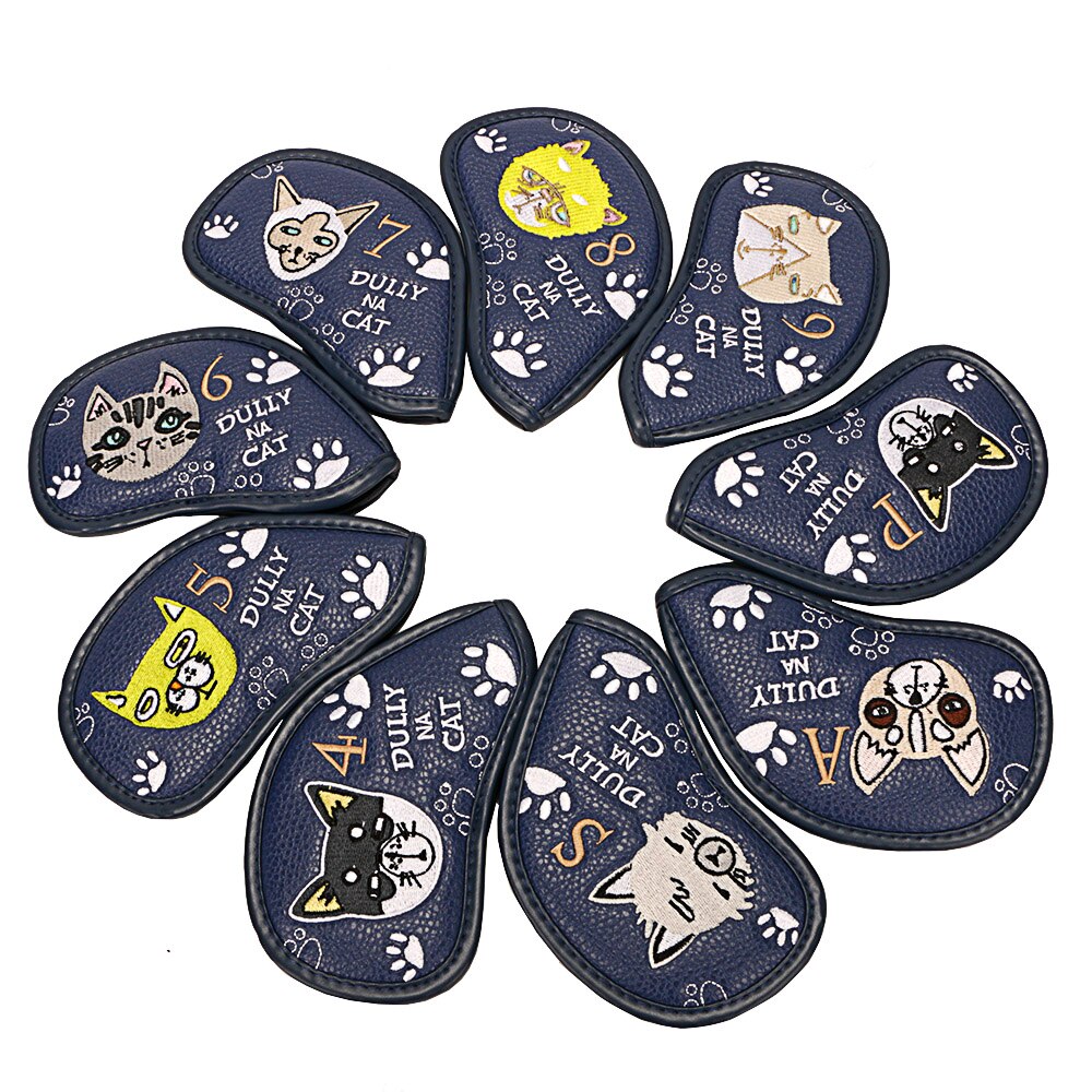 9 Pcs Golf Club Headcovers Kappe Cartoon Nette Faul Katze Kappe Schutzhülle PU Wasserdichte Fairway Hybrid Set Vintage Tragbare