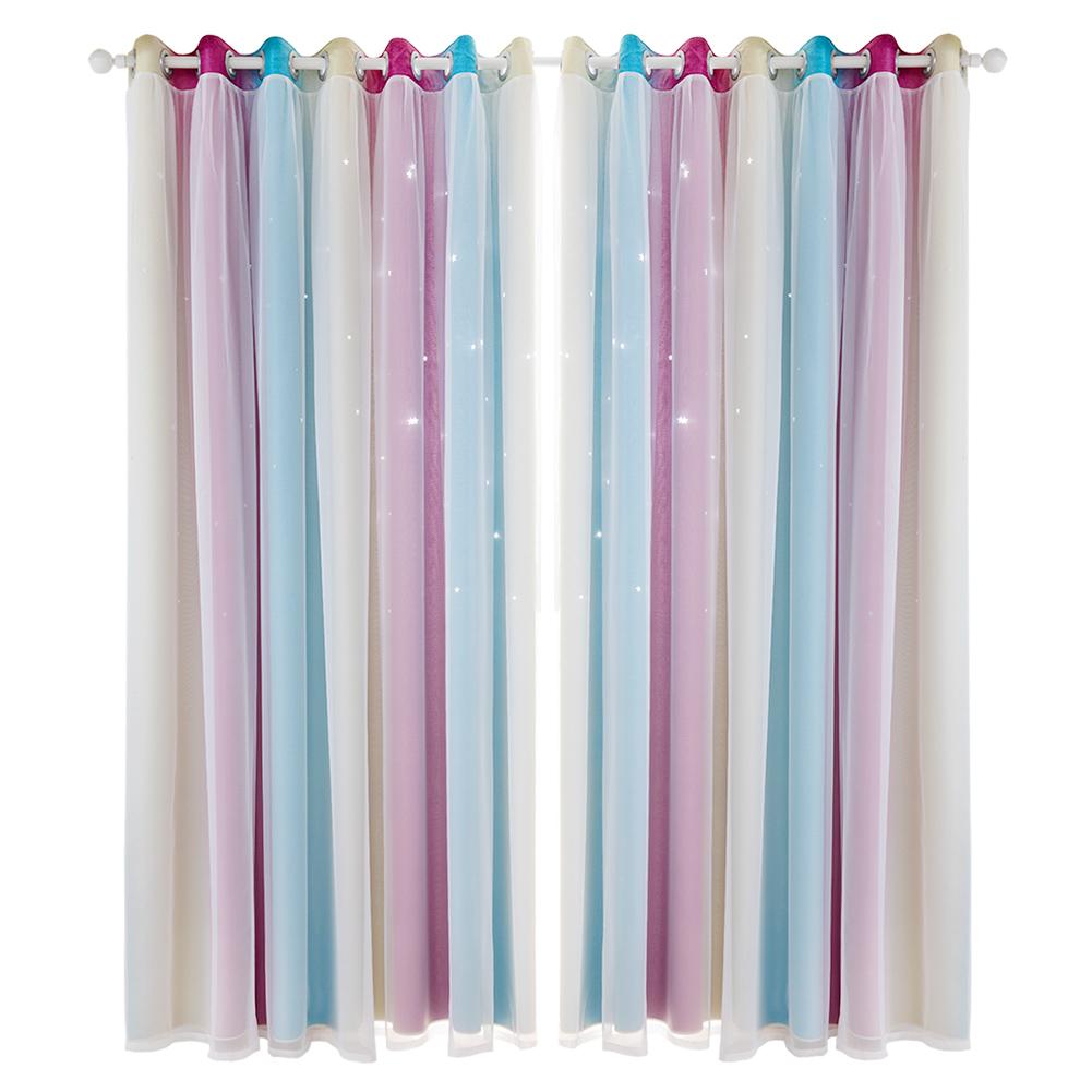 Gradient Hollow Star Curtain Bedroom Full Blackout Colorful Hollow Star Sheer Window Drapes Home Decor For Kid Girl Bedroom: purple