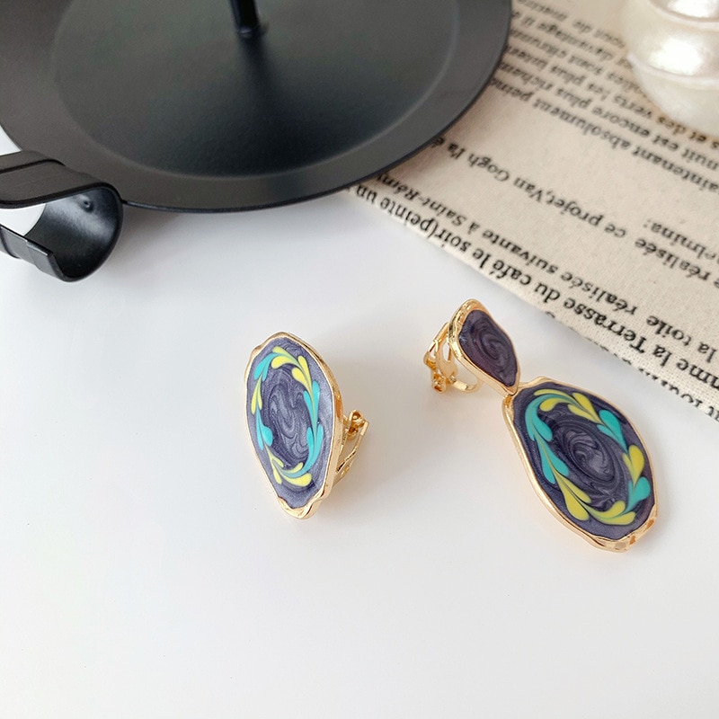 Koreańnarty asymetryczne geometryczne kwiat nausznice bez przekłuwania uszu delikatne błyszczący kwiatek obraz olejny okrągła tarcza klipsy robić uszu: okrągły clip