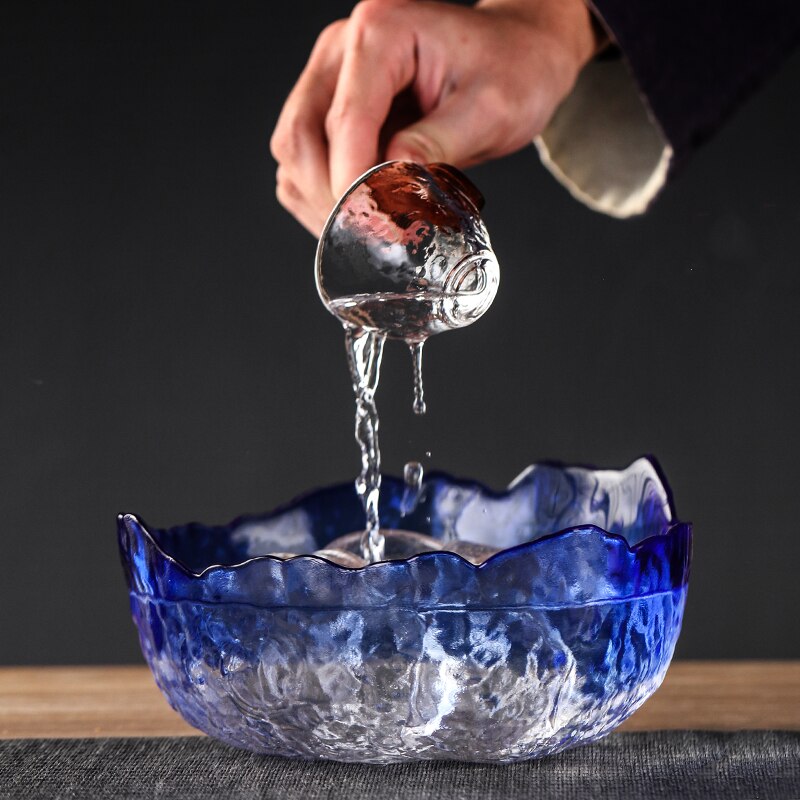 1500 Ml Sky Blauw Transparant Glas Thee Wassen Hamer Patroon Emmer Japan Stijl Crystal Clear Thee Kom Water Kung Fu thee Set