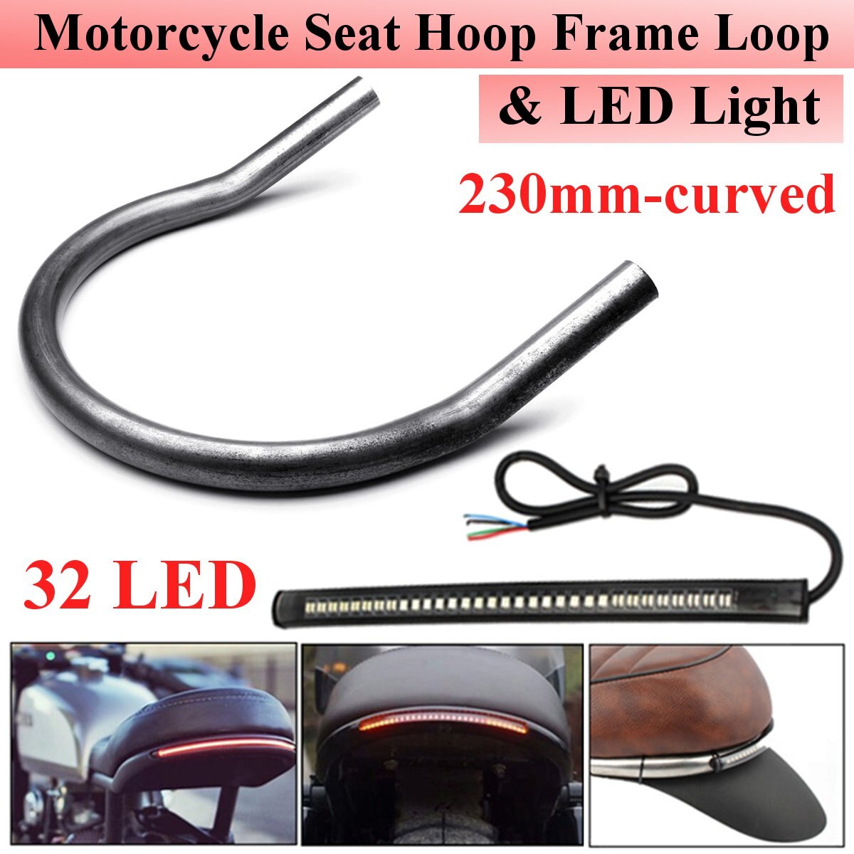 175/210/230MM Motorcycle Rear Seat Frame Hoop Loop LED Stop Richtingaanwijzer Remlicht voor Cafe racer/Honda/Kawasaki/Suzuki/Yamaha: 230mm Curved