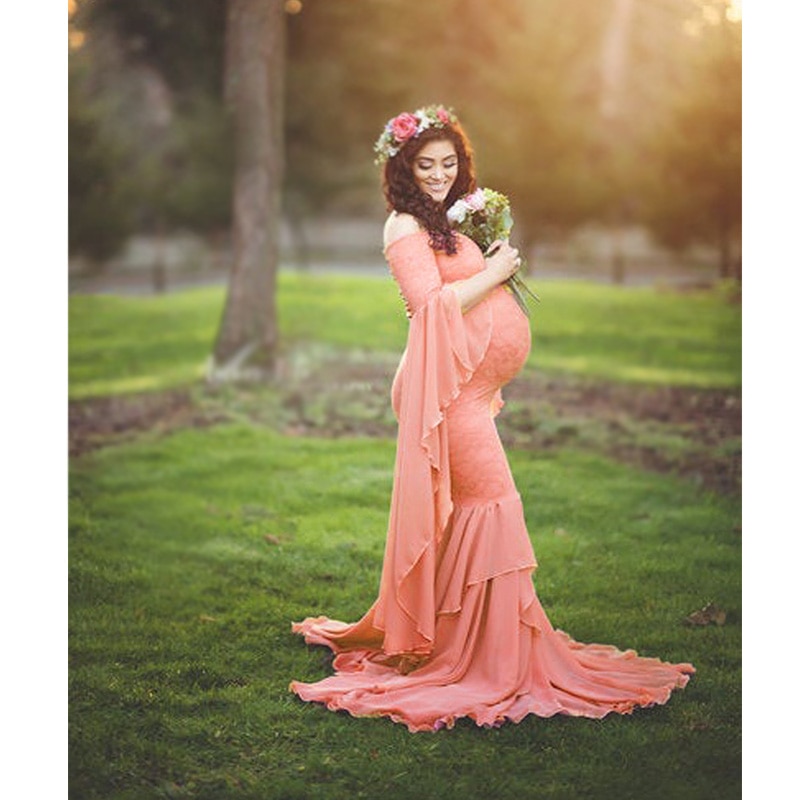 Förlossningsfotografering rekvisita mammaklänning fotografering sexig boho axellösa klocka ärmar maxi lång klänning gravid sjöjungfru