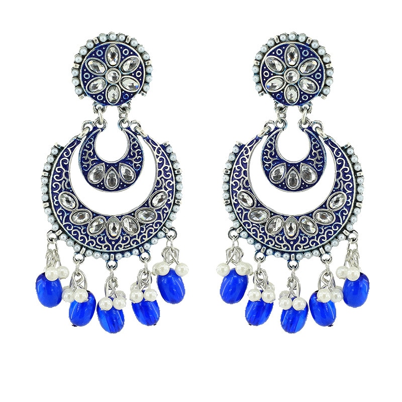 Classic Indian Oxidized Jewelry Earring Boho Crystal Pearl Chandbali Bollywood Party Wedding Wear Double Moon Earrings for Women