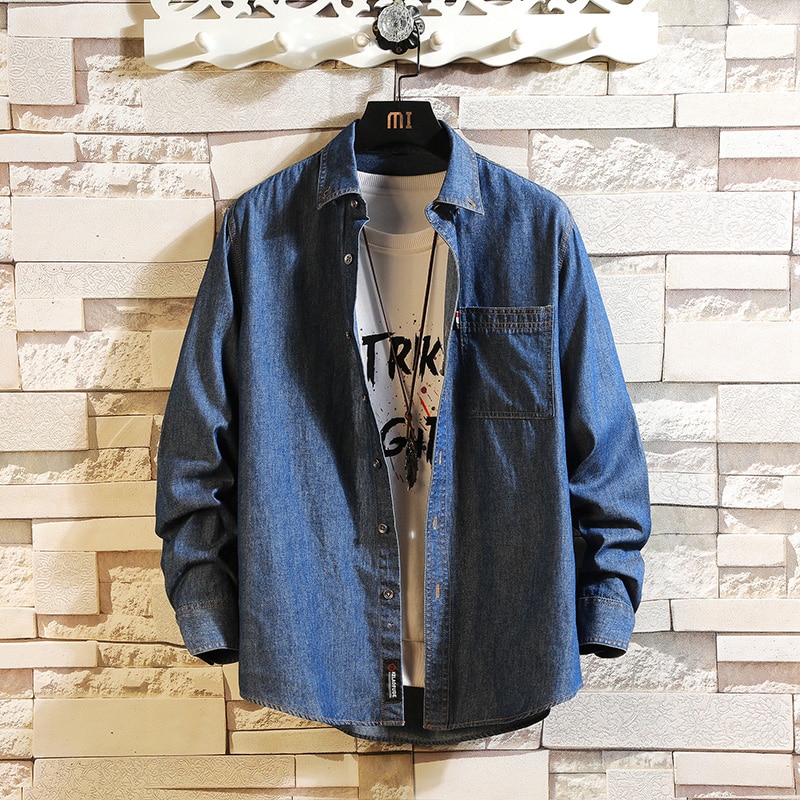 Jeansskjortor herr solida långärmade jeansjacka tvätt denim cowboyjeansskjortor herr casual