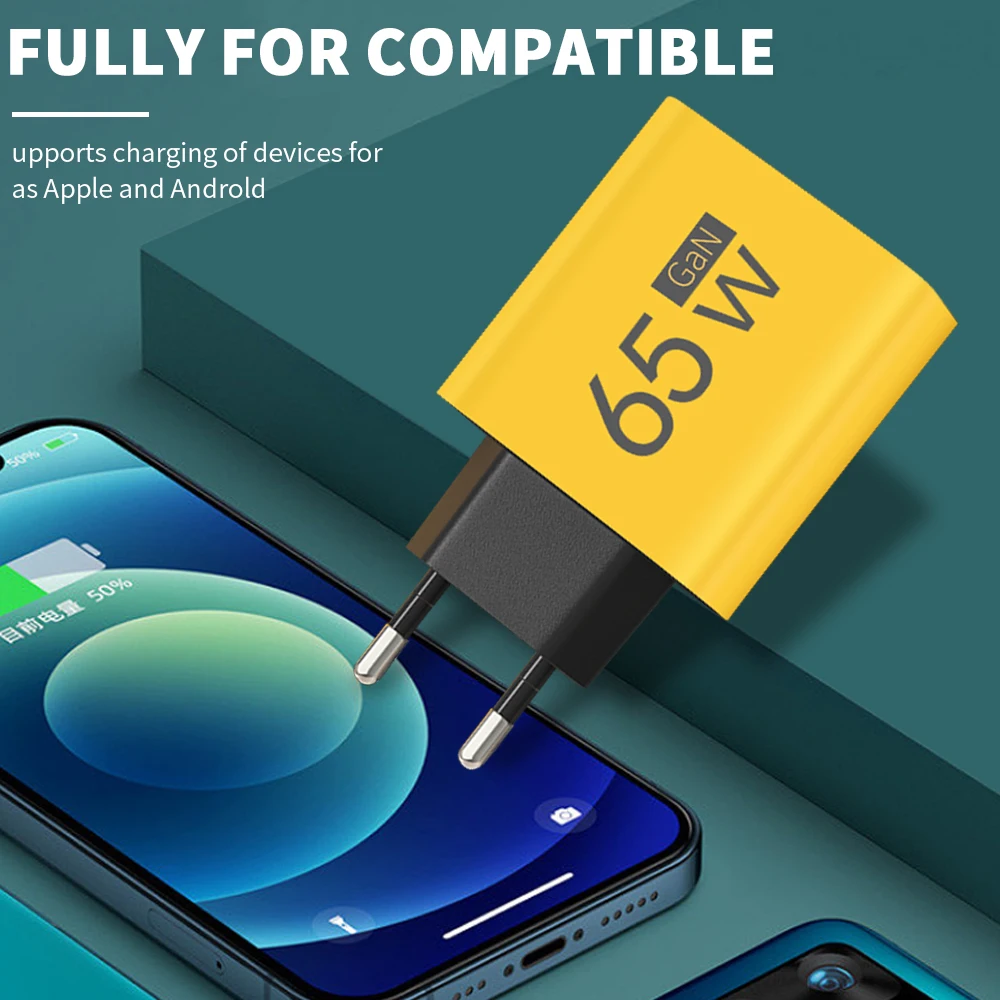 Totaal 65W GaN USB-oplader 3 poorten Snel opladen Type C Telefoonoplader Adapter Snelle wandoplader voor iPhone Samsung Xiaomi Huawei