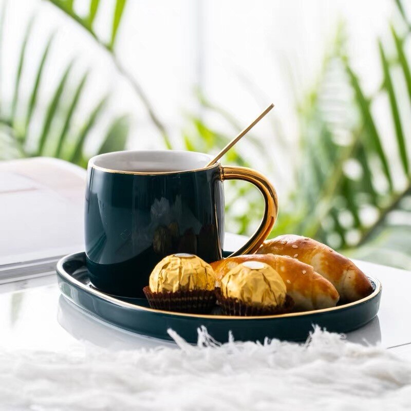 Japanese Style Ceramic Water Cup with Plate and Spoon Phnom Penh Coffee Mug Snack Dish Set Simple Afternoon Tea Cup